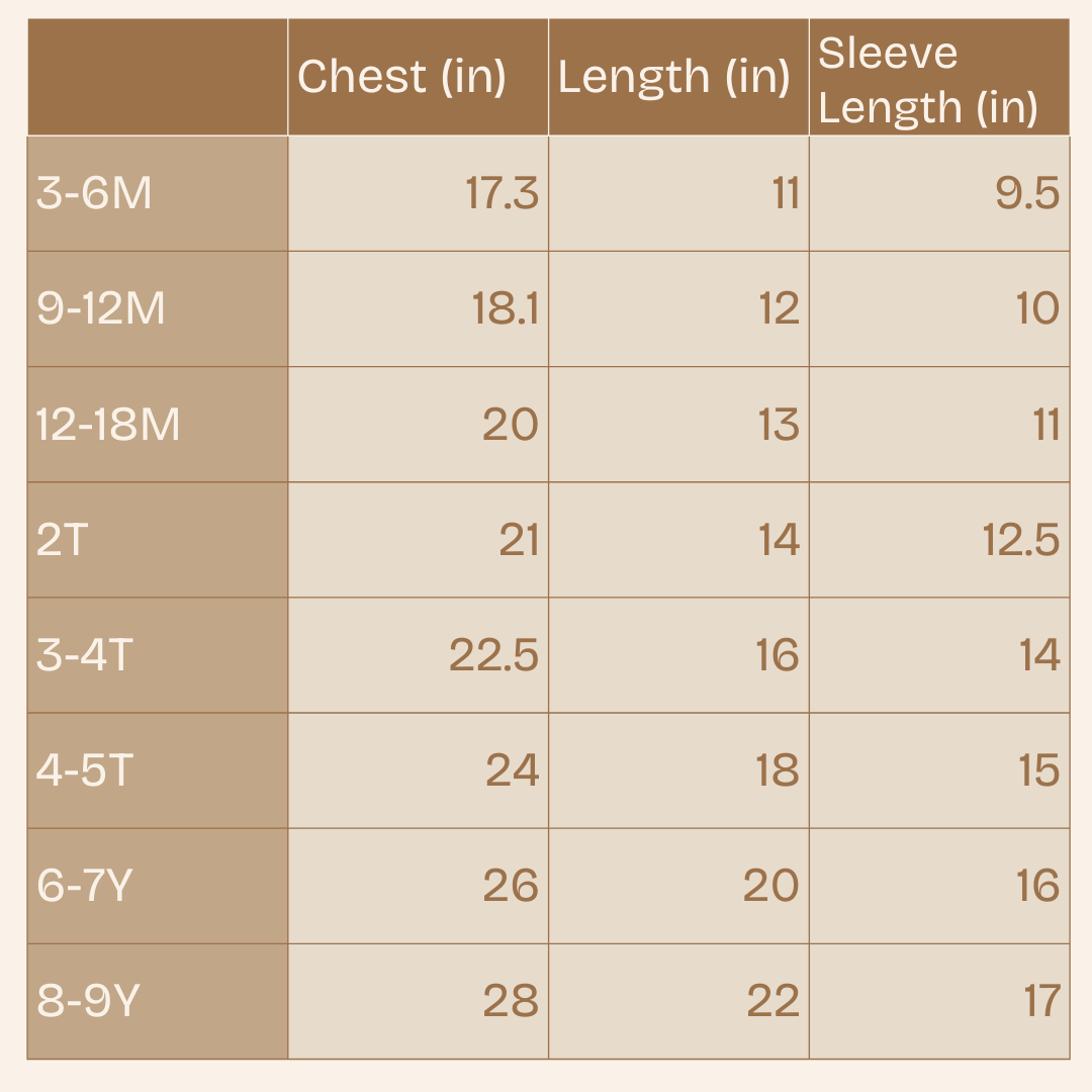 Children's size chart with chest, length, and sleeve length measurements.