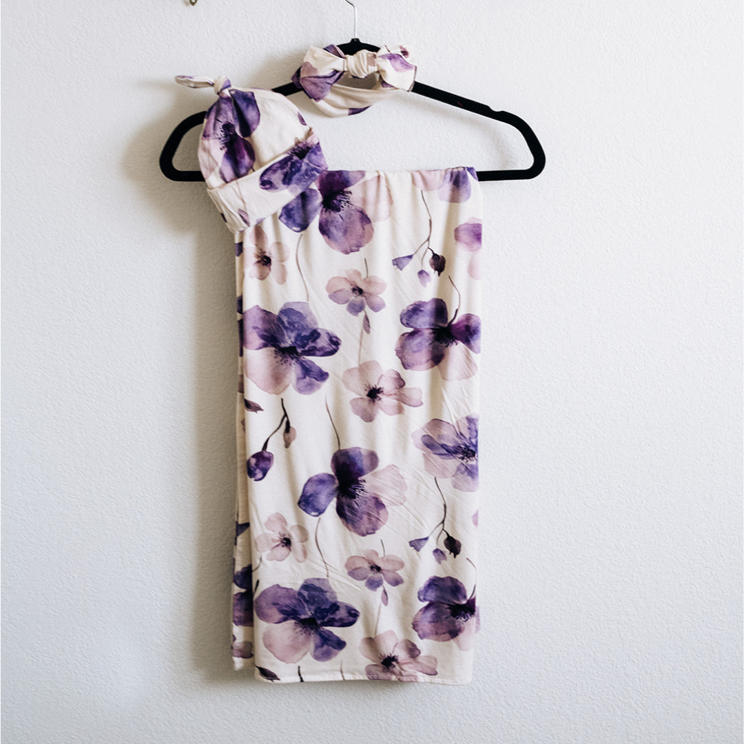 Deep Purple Maternity Delivery Gown & Floral Swaddle