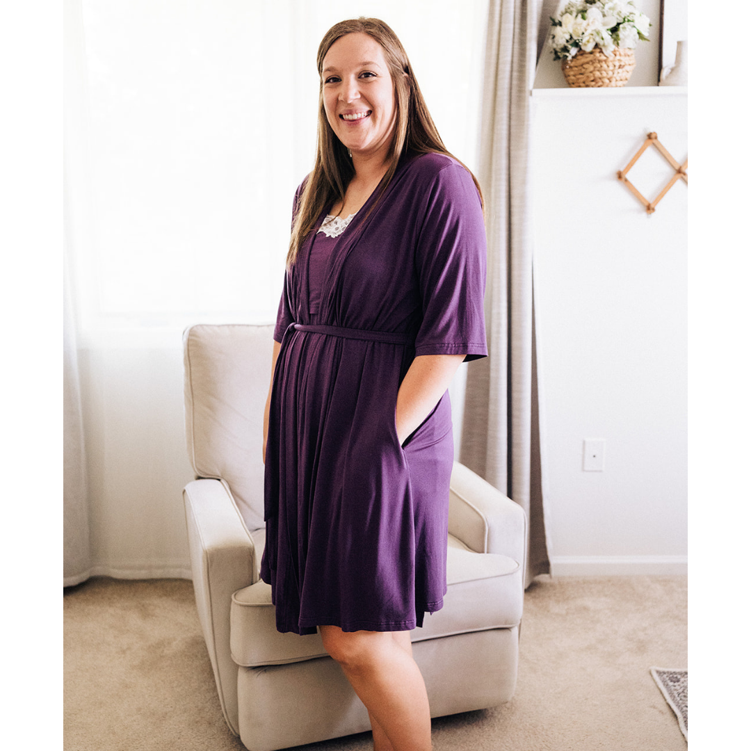 Deep Purple Maternity Delivery Gown & Floral Swaddle