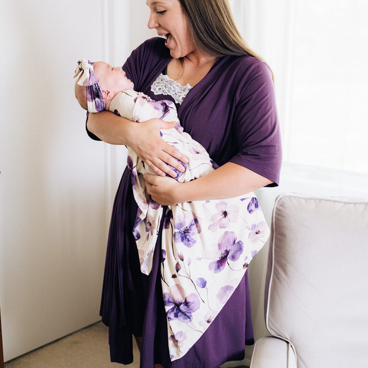 Deep Purple Maternity Delivery Gown & Floral Swaddle