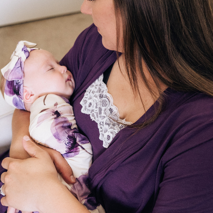 Deep Purple Maternity Delivery Gown & Floral Swaddle