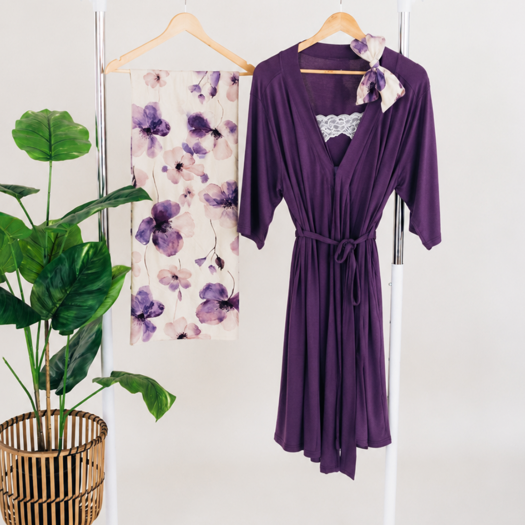 Deep Purple Maternity Delivery Gown & Floral Swaddle