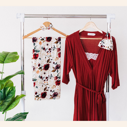 Brick Red Maternity Delivery Gown & Red Rose Swaddle