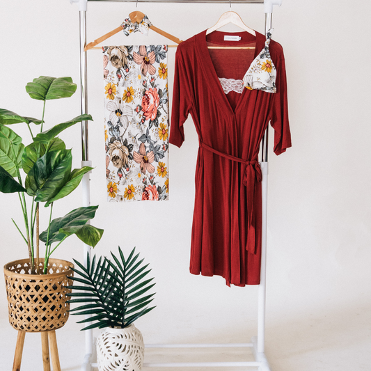 Brick Red Maternity Delivery Gown & Vintage Floral Swaddle