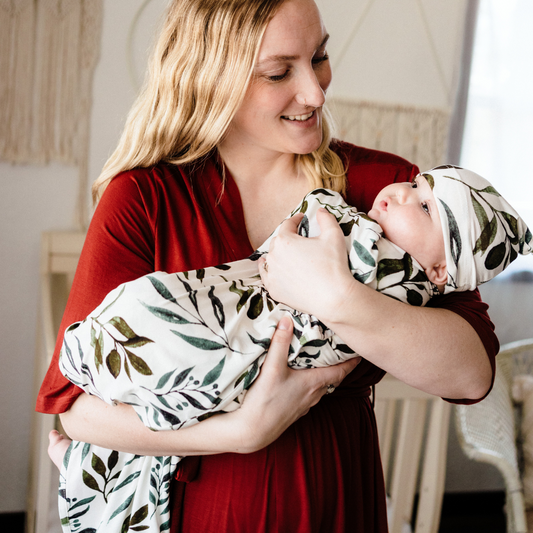 Brick Red Maternity Delivery Gown & Leafy Vine Swaddle