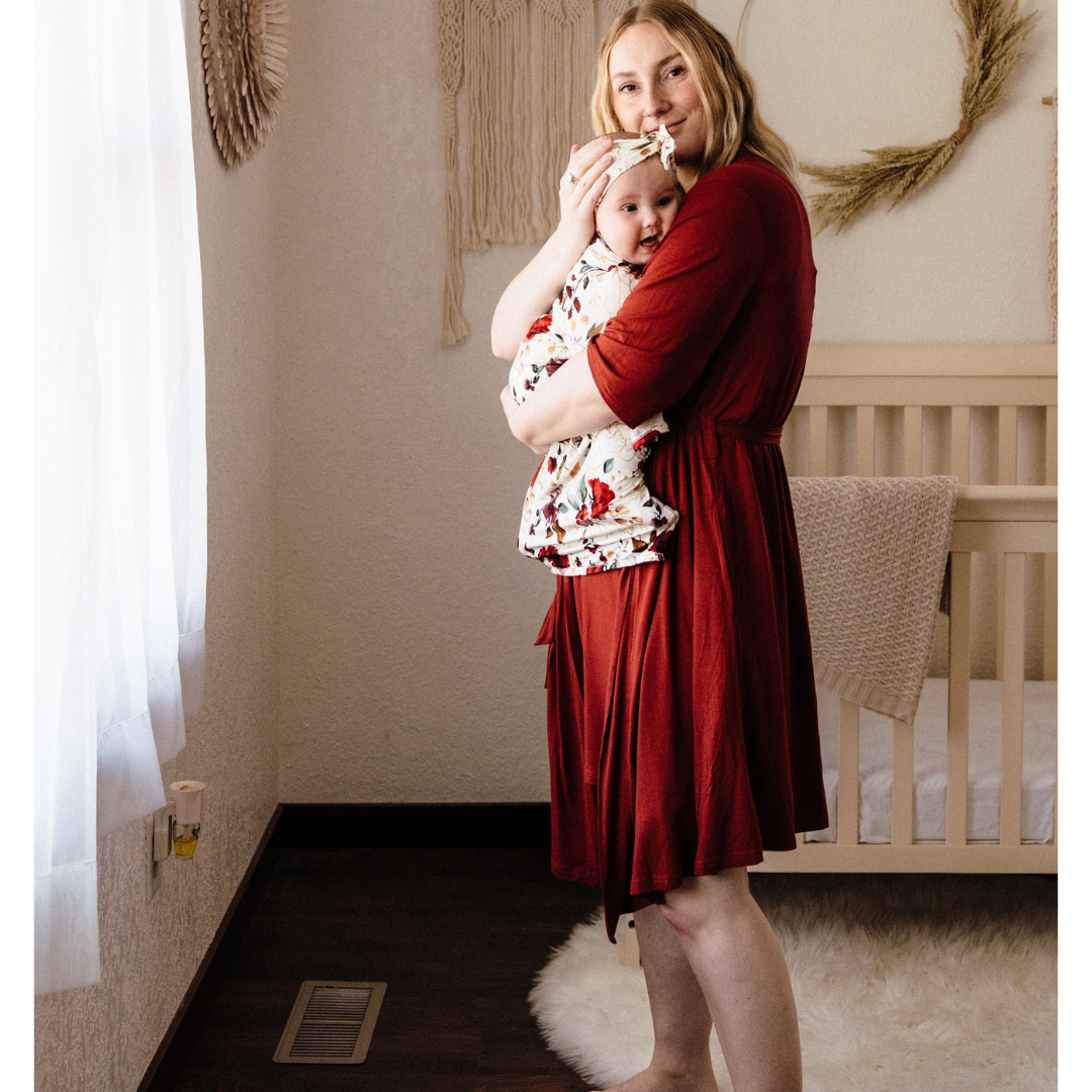Brick Red Maternity Delivery Gown & Red Rose Swaddle