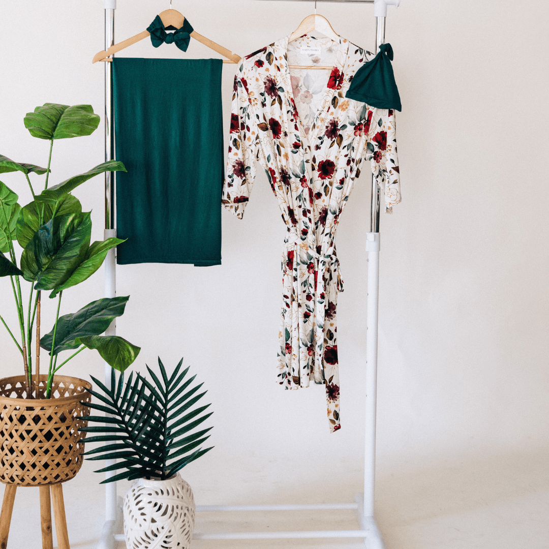 Red Rose Maternity Delivery Gown & Emerald Green Swaddle - HAHA MAMA Clothing