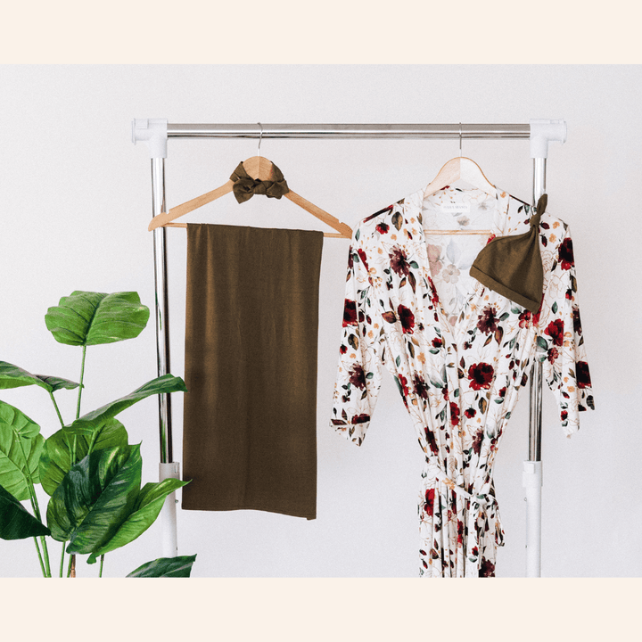 Red Rose Maternity Delivery Gown & Olive Green Swaddle - HAHA MAMA Clothing