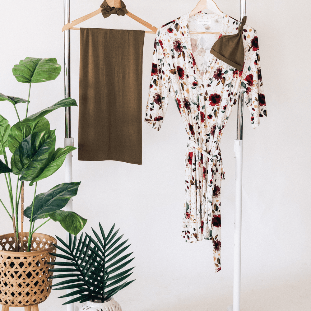 Red Rose Maternity Delivery Gown & Olive Green Swaddle - HAHA MAMA Clothing