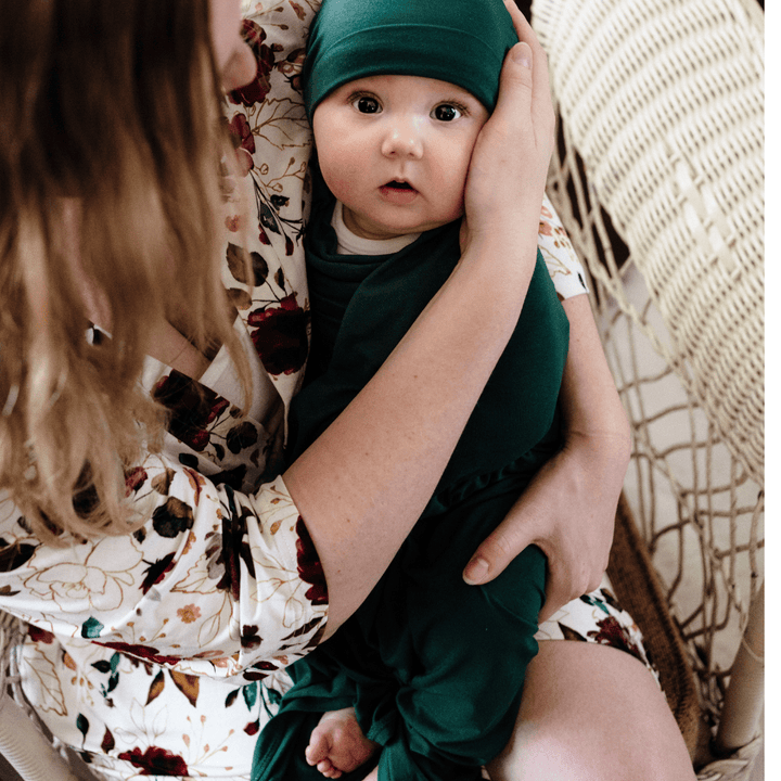 Red Rose Maternity Delivery Gown & Emerald Green Swaddle - HAHA MAMA Clothing