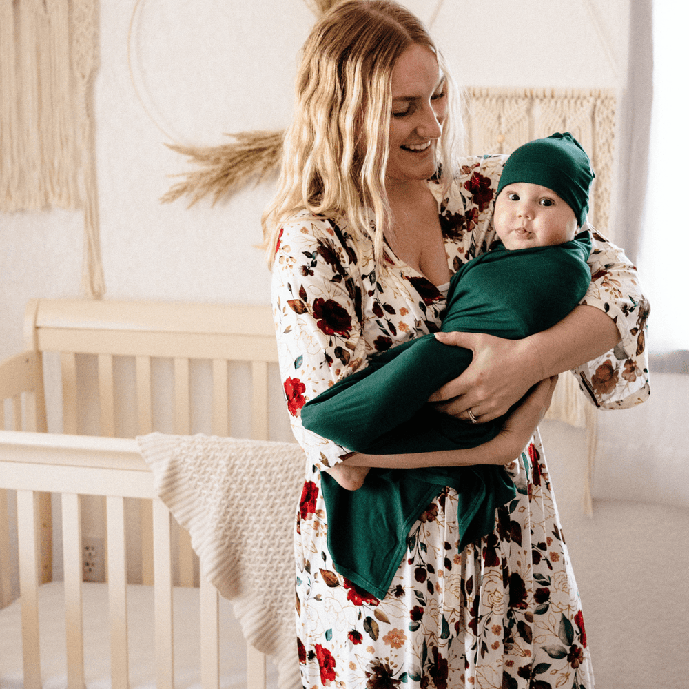 Red Rose Maternity Delivery Gown & Emerald Green Swaddle - HAHA MAMA Clothing