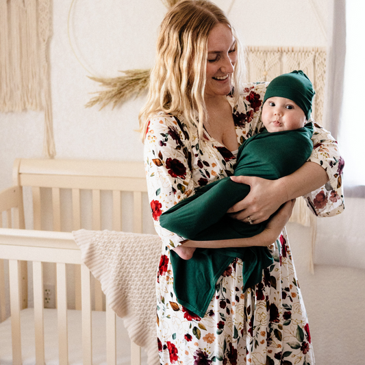 Red Rose Maternity Delivery Gown & Emerald Green Swaddle