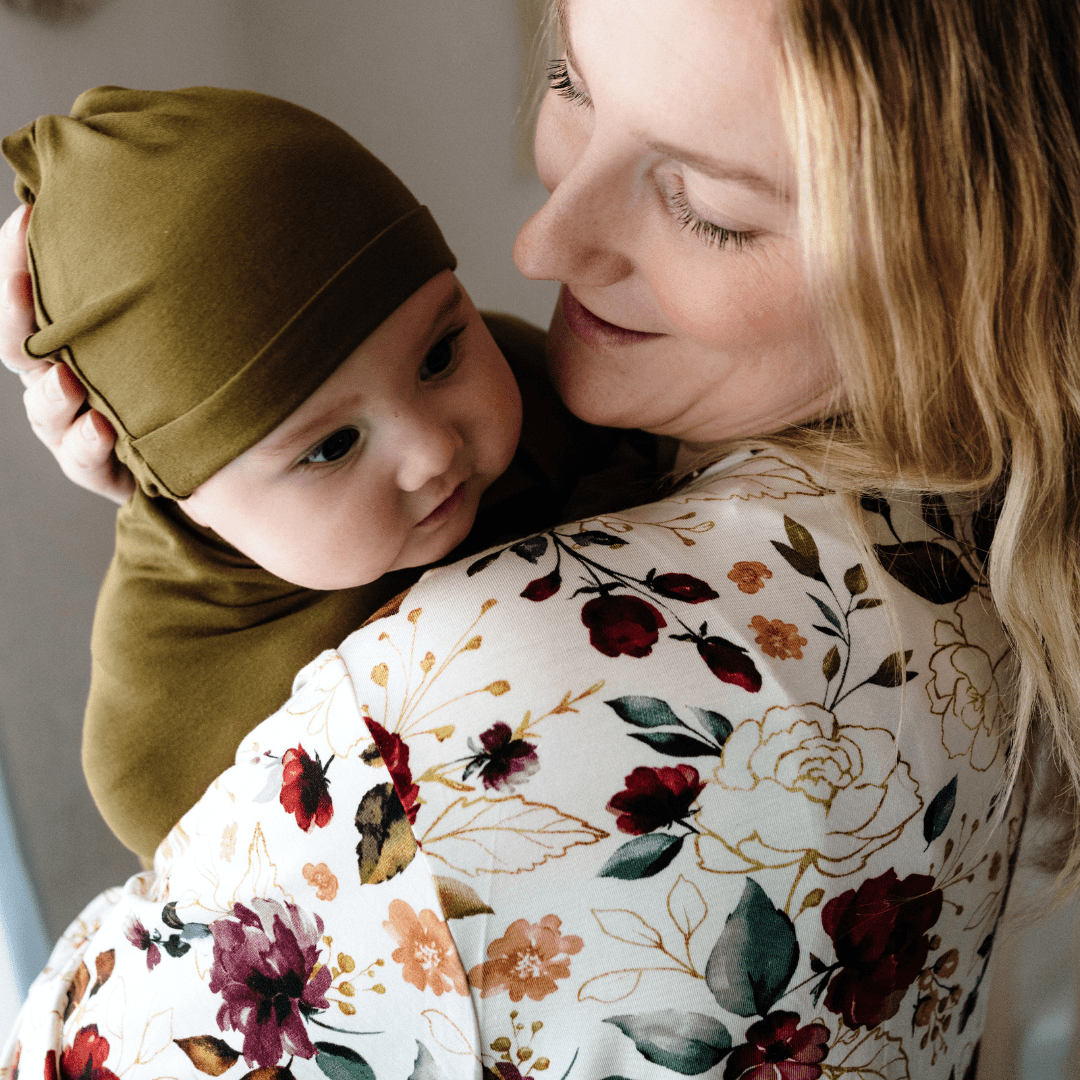 Red Rose Maternity Delivery Gown & Olive Green Swaddle - HAHA MAMA Clothing