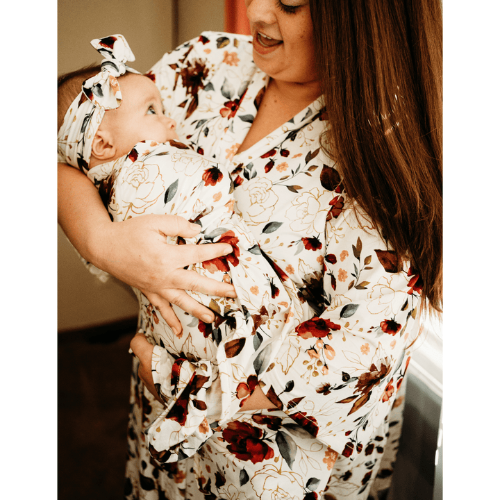 Red Rose Maternity Delivery Gown & Matching Swaddle - HAHA MAMA Clothing