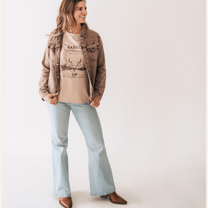 Brown Denim Jacket - Women Dallas Orders - HAHA MAMA Clothing