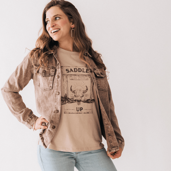 Brown Denim Jacket - Women Dallas Orders - HAHA MAMA Clothing