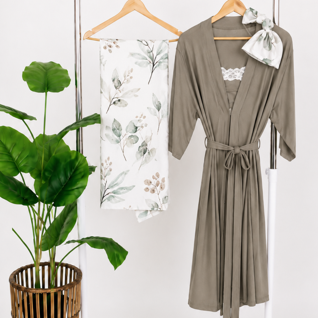 Sage Green Maternity Delivery Gown & Leafy Swaddle