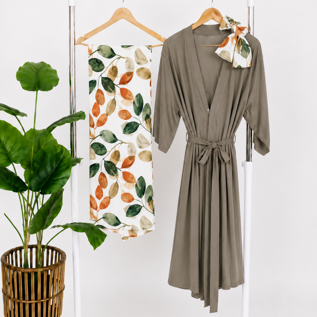 Sage Green Maternity Delivery Gown & Leafy Swaddle