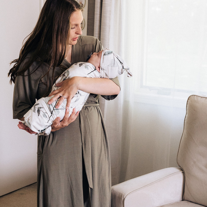Sage Green Maternity Delivery Gown & Leafy Swaddle
