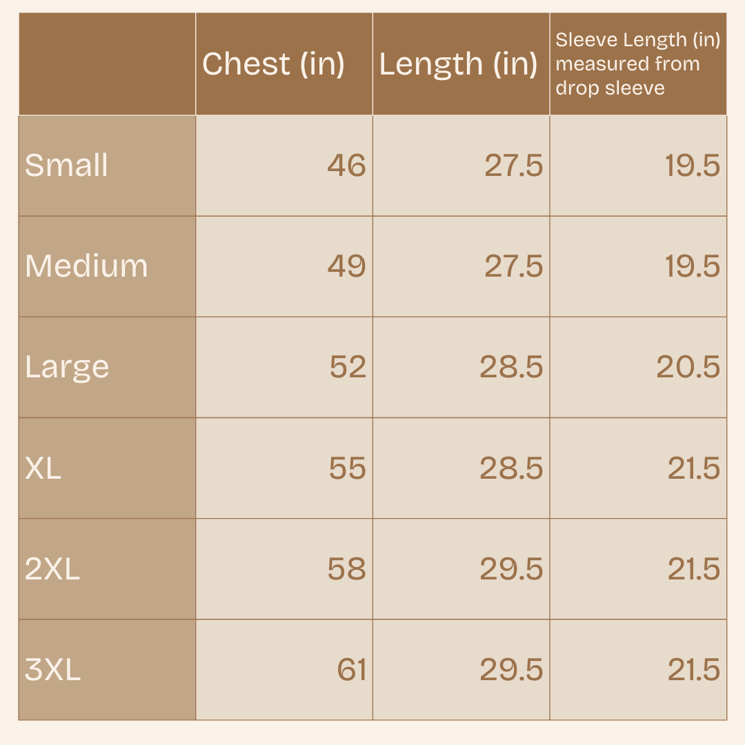 Size chart for clothing with chest, length, and sleeve length measurements.