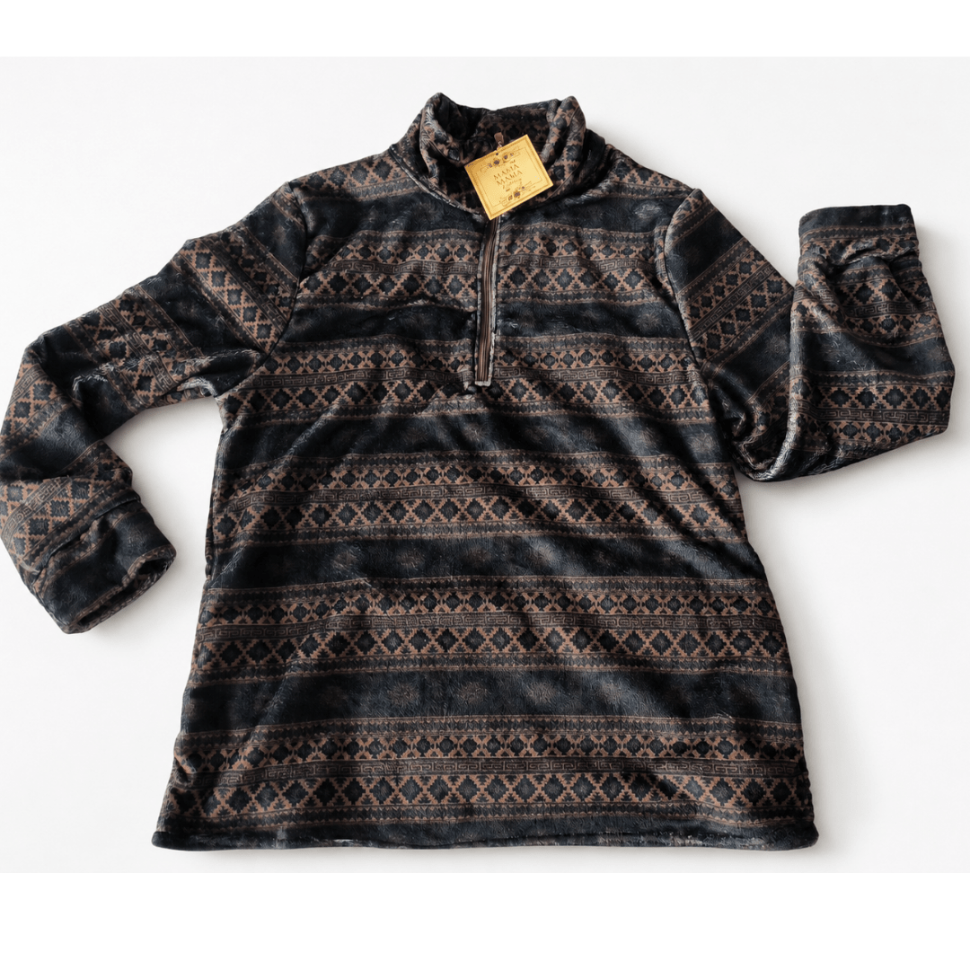 Aztec Printed Sherpa 1/4 Zip Pullover- Unisex - HAHA MAMA Clothing