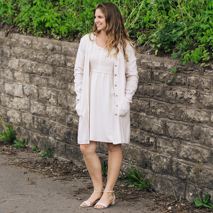 Neutral Off-White Smocked Long Sleeve Midi Dress- Women