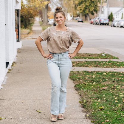 Embroidered Short Sleeve Peasant Blouse- Women