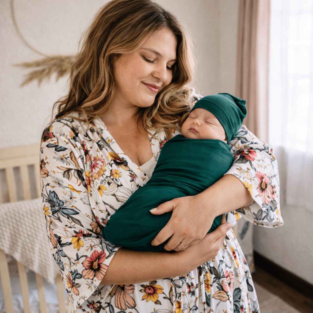 Vintage Floral Maternity Delivery Gown & Emerald Green Swaddle - HAHA MAMA Clothing