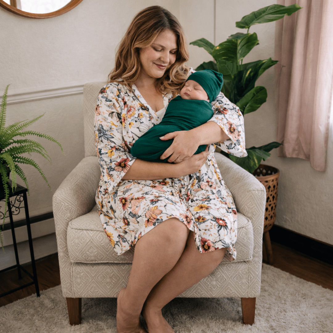 Vintage Floral Maternity Delivery Gown & Emerald Green Swaddle - HAHA MAMA Clothing