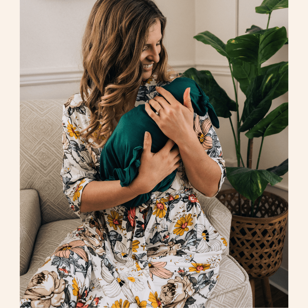 Vintage Floral Maternity Delivery Gown & Emerald Green Swaddle - HAHA MAMA Clothing