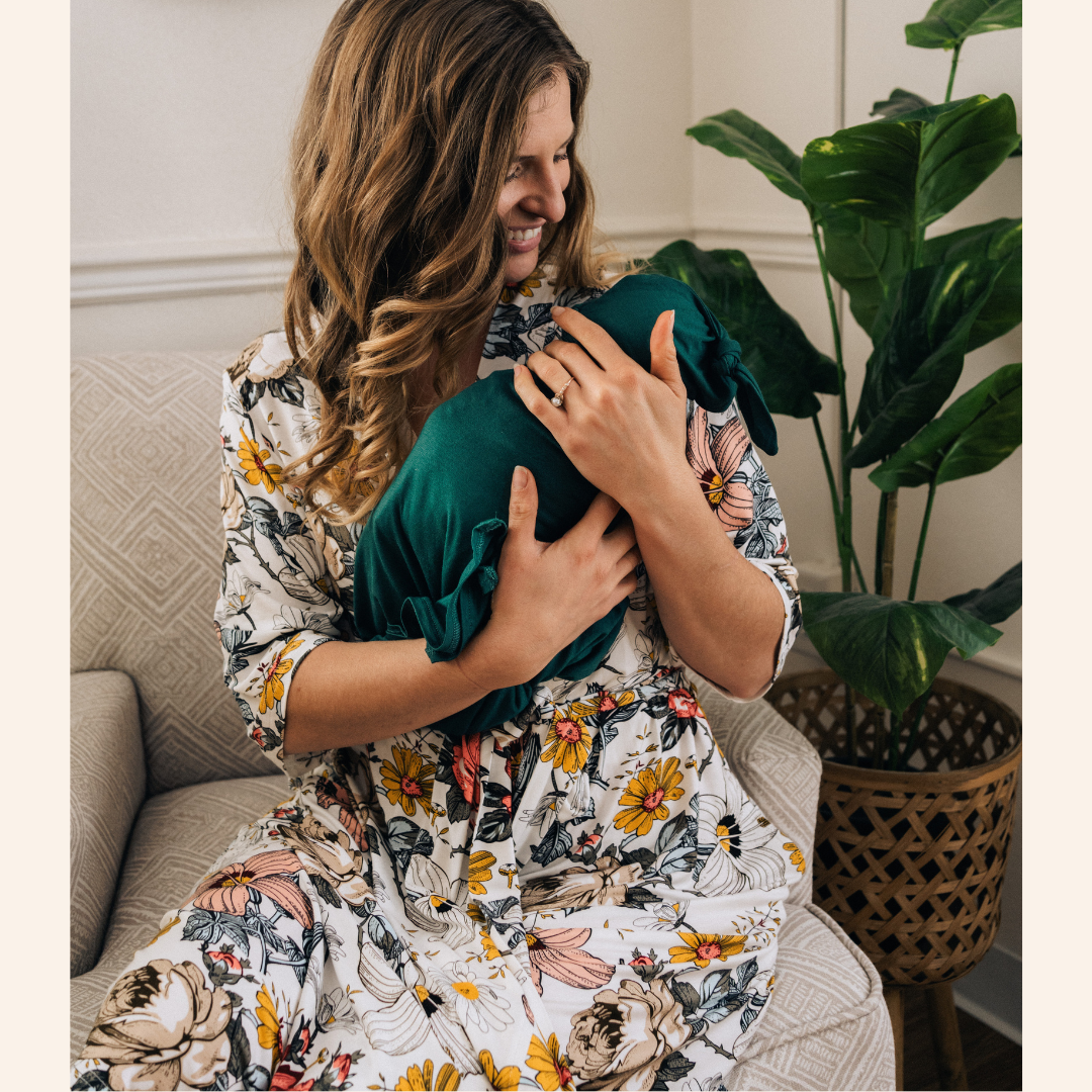 Vintage Floral Maternity Delivery Gown & Emerald Green Swaddle