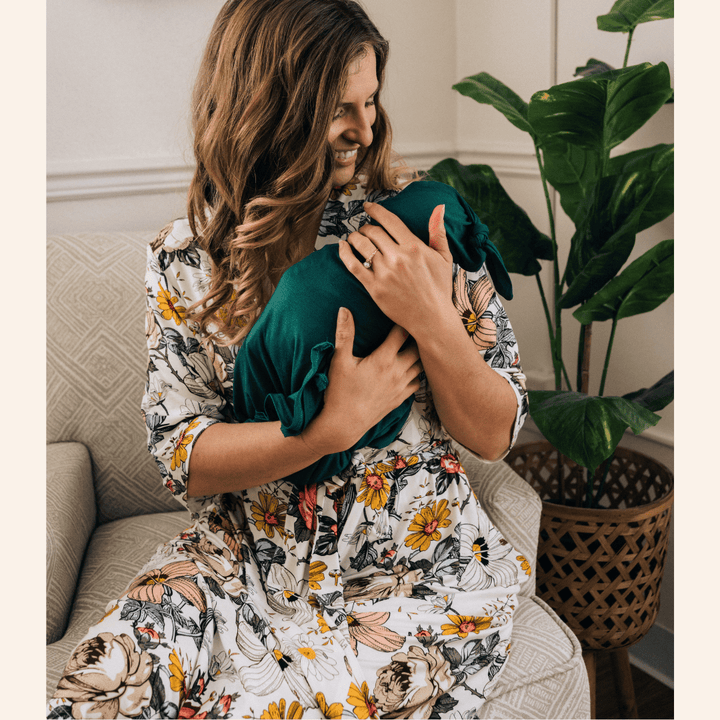 Vintage Floral Maternity Delivery Gown & Emerald Green Swaddle - HAHA MAMA Clothing