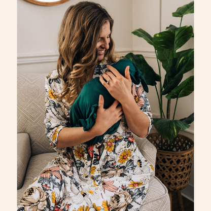 Vintage Floral Maternity Delivery Gown & Emerald Green Swaddle