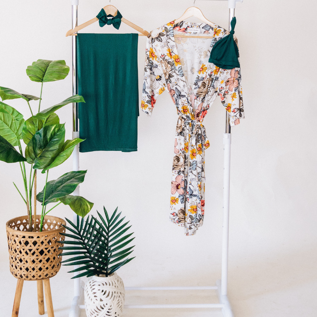 Vintage Floral Maternity Delivery Gown & Emerald Green Swaddle