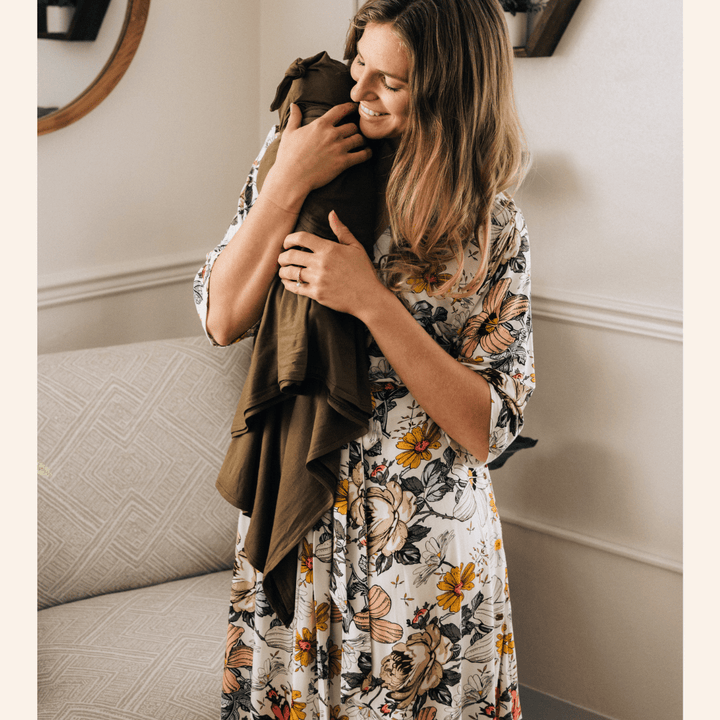 Vintage Floral Maternity Delivery Gown & Olive Green Swaddle - HAHA MAMA Clothing