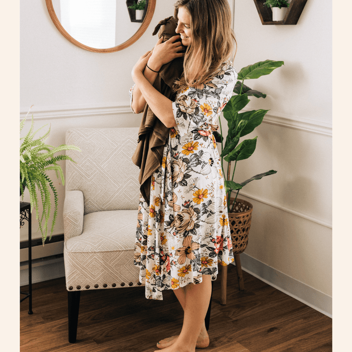 Vintage Floral Maternity Delivery Gown & Olive Green Swaddle - HAHA MAMA Clothing