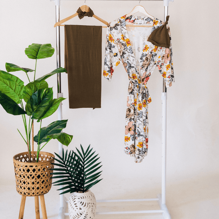 Vintage Floral Maternity Delivery Gown & Olive Green Swaddle - HAHA MAMA Clothing