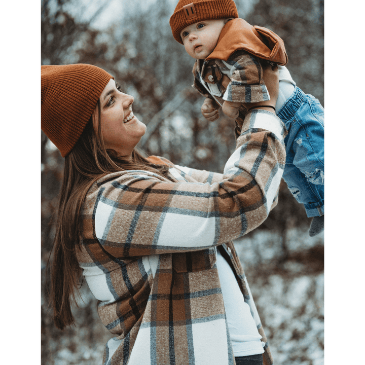 Hooded Brown & Gray Flannel Jacket - Adult - HAHA MAMA Clothing