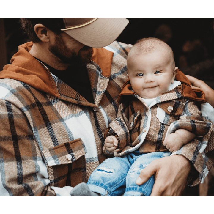 Hooded Brown & Gray Flannel Jacket - Adult - HAHA MAMA Clothing