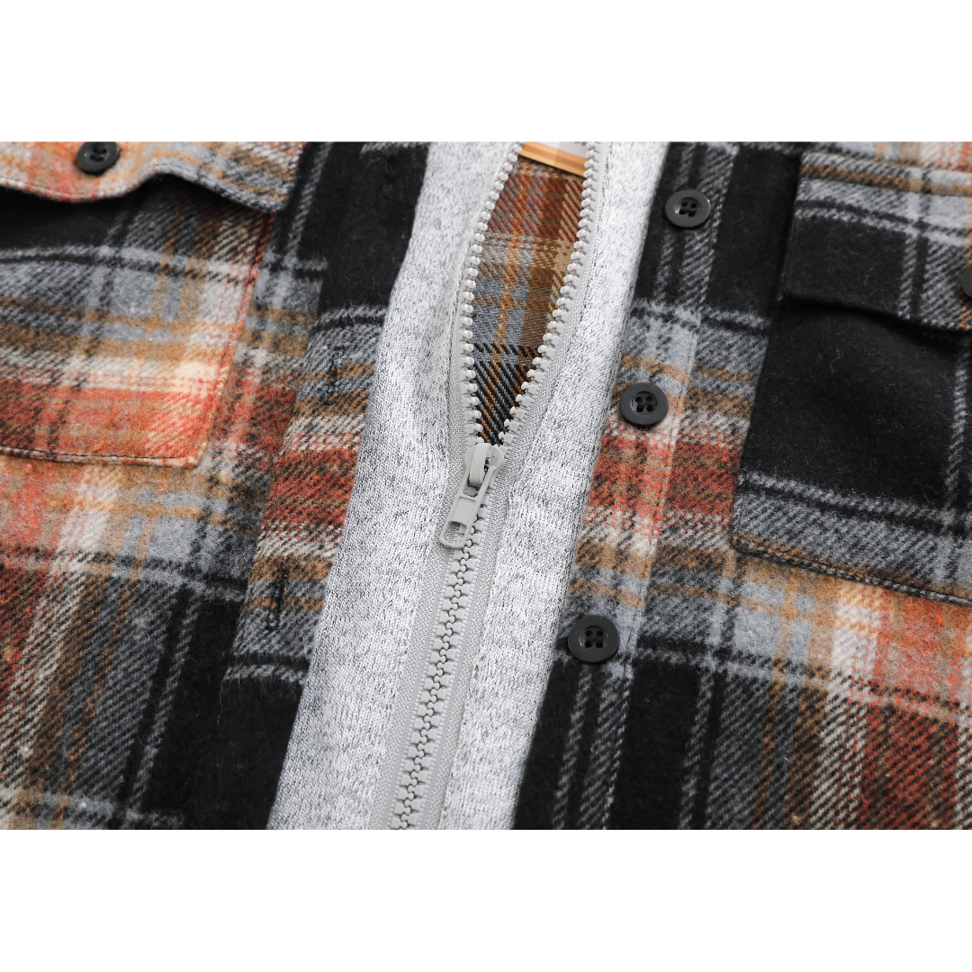 Hooded Gray & Rust Flannel Zip Jacket