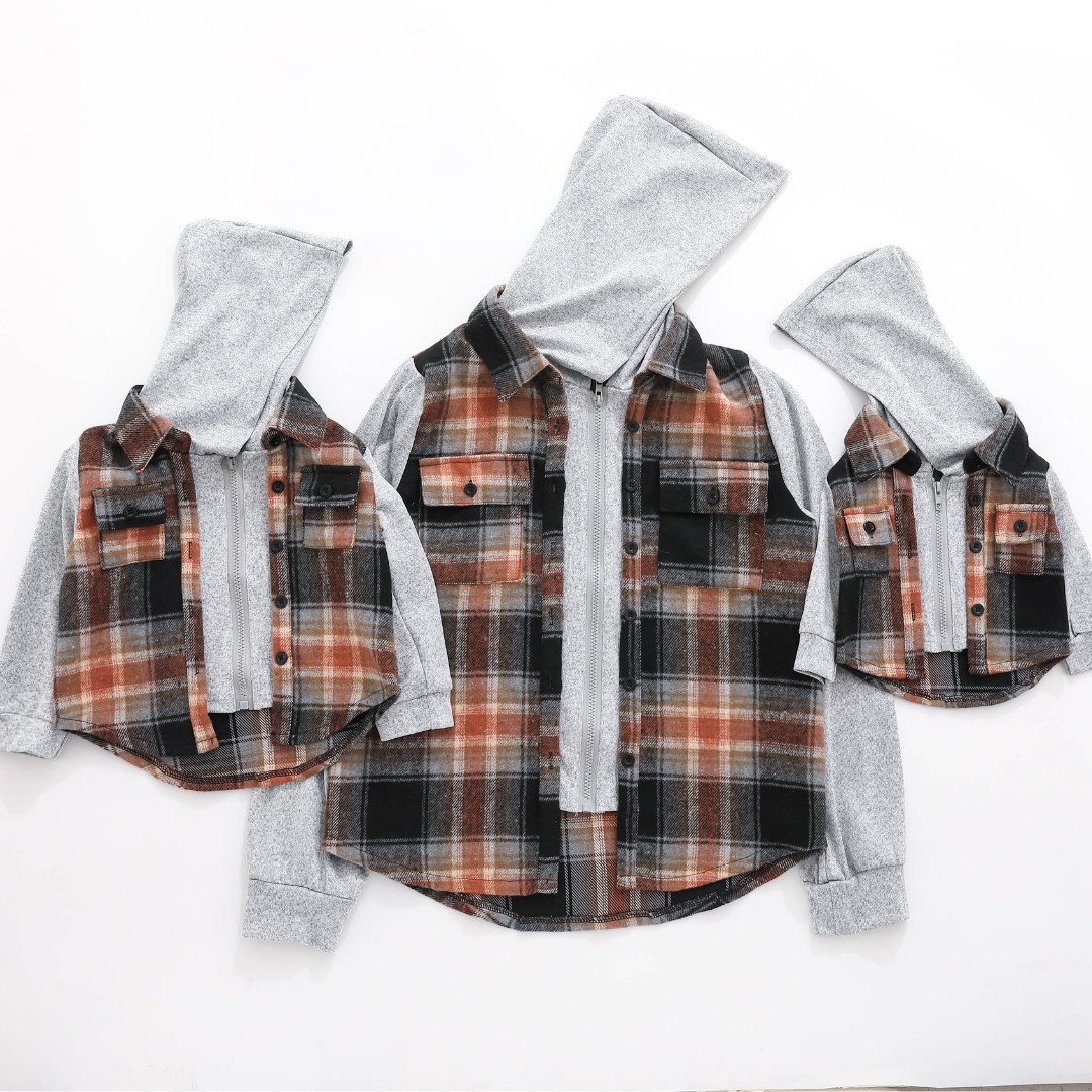 Hooded Gray & Rust Flannel Zip Jacket